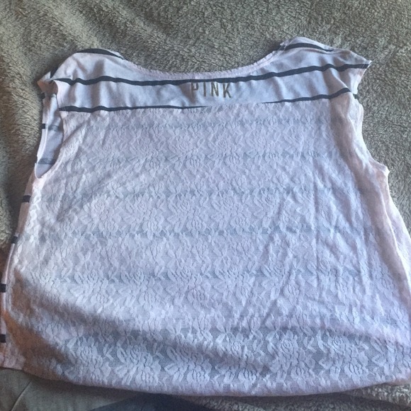 VS PINK Light pink black stripe lace back shirt - Picture 1 of 4