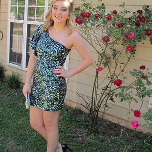 Blue/Turquoise, Silver, and Black sequined dress