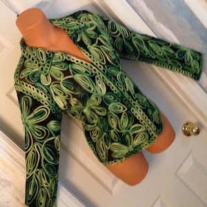 P's &Q's Floral Green Embroidery Jacket Blouse SzL