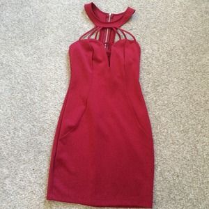 Red caged neck mini dress