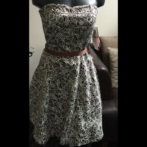 Strapless A Line Party Dress In Brown And White