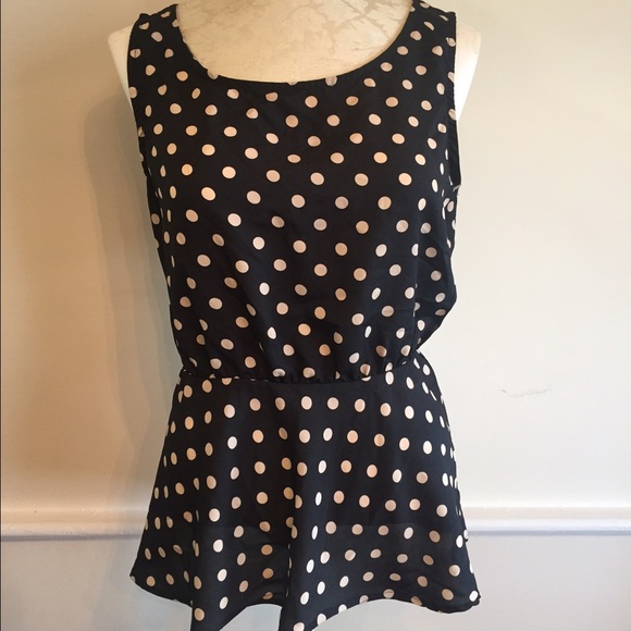 Eyelash Couture Tops - Black Cream Polka Dot Peplum Sleeveless Tank