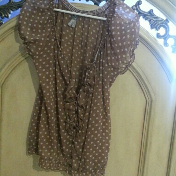 Super cute brown with white polka dots sheer blous