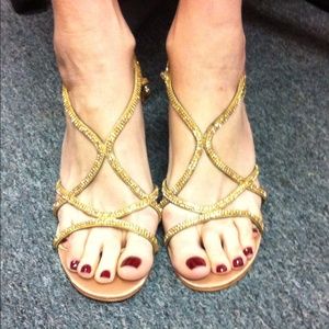 Gold Satin & Leather Strappy Dressy Sandals. So 14
