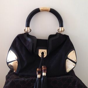Gucci Black GG Canvas Indy Hobo Bag With Tassels
