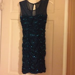 Turquoise sequin body con dress