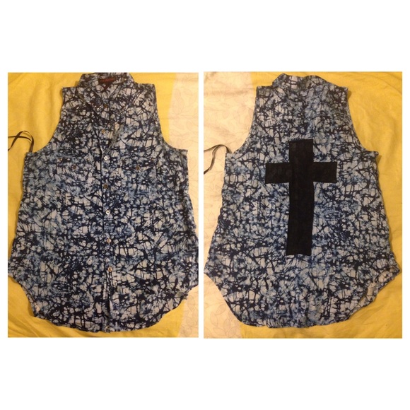 Studded Mesh Cross Sleeveless Button Down - Picture 1 of 1