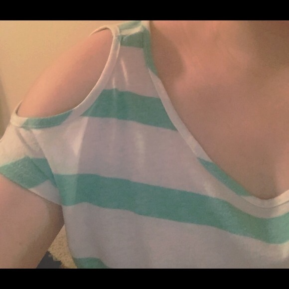 Striped peek-a-boo shoulder top.