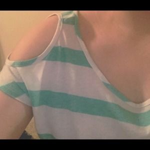 Striped peek-a-boo shoulder top.