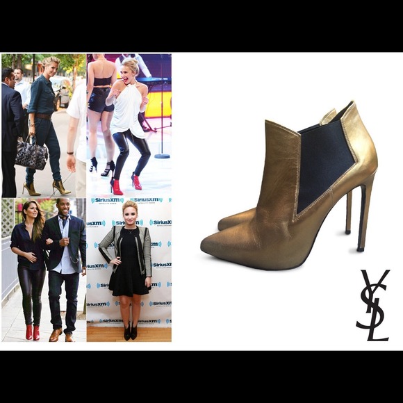 Saint Laurent Gold Paris Pointed Toe Ankle Boots 9 - Picture 2 of 4