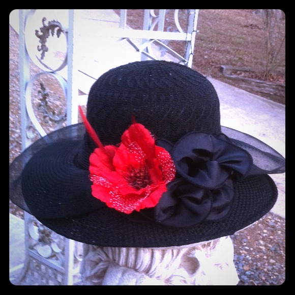 HP4xLarge brim hat red flower black bow/ netting