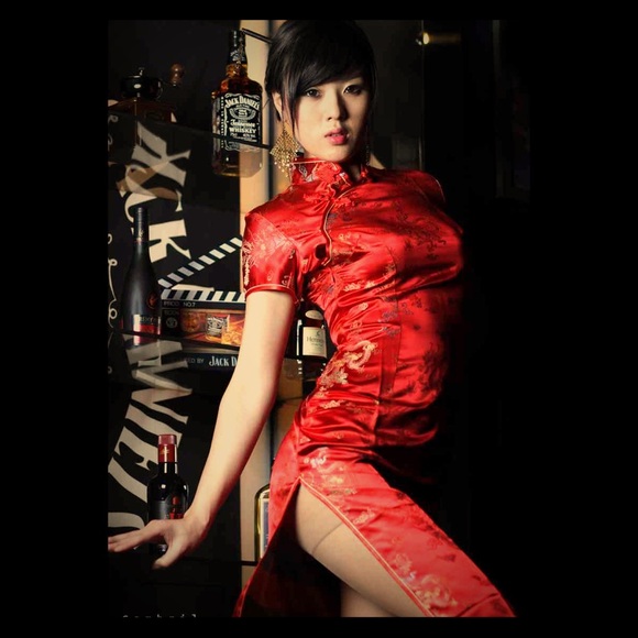 Red Satin Dragon and Phoenix dress "Cheongsam"