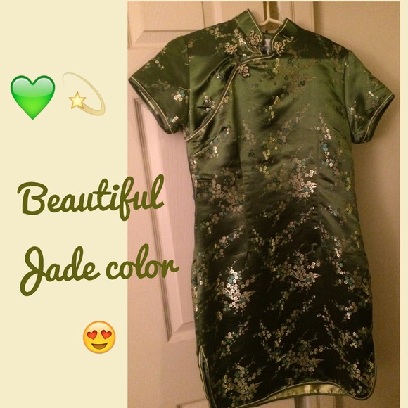 Satin Jade green 😍 dress with cherry blossoms