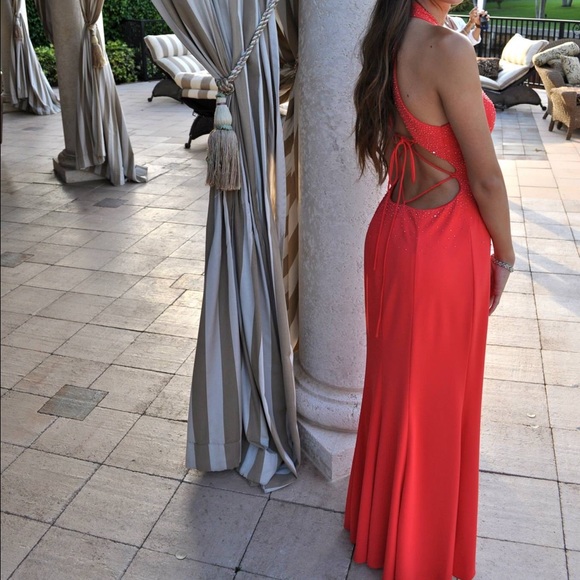Niki Livas Coral Halter Prom Dress - Picture 3 of 4