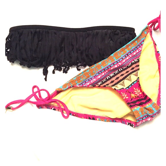 Black fringe bathing suit top w/Aztec print bottom - Picture 1 of 1