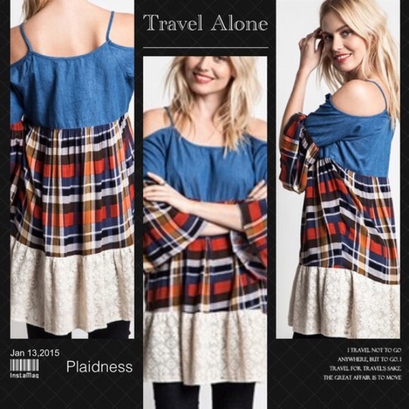 Umgee Dresses & Skirts - 🌺️HP 3/4🌺COLD SHOULDER PLAID & LACE DRESS/TUNIC