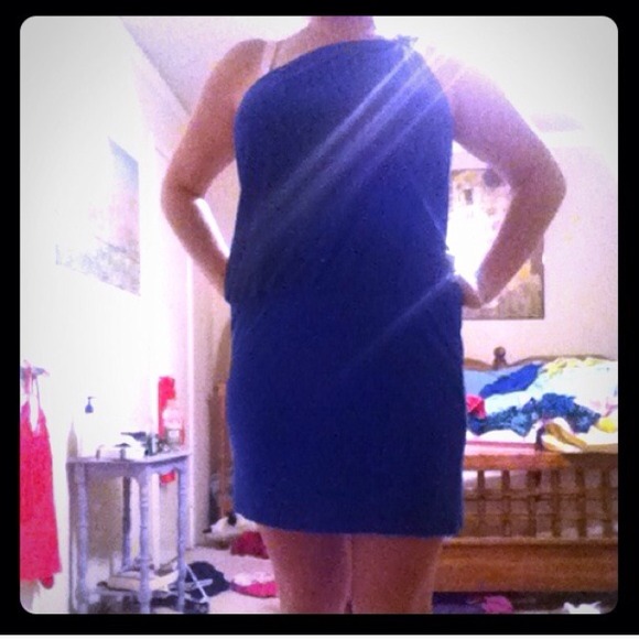 Blue one shoulder and orange dress