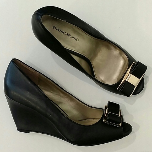 Bandolino Black Peeptoe Wedges with Bow Accent