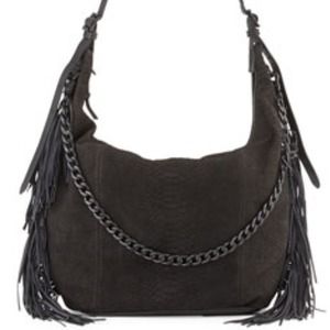 Ash Bo Python-Embossed Fringe Hobo Bag, Black
