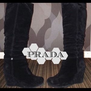 Knee high Black Suede Prada Wedge Boots