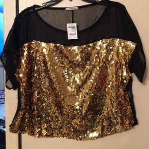 Black and gold sequin mesh top