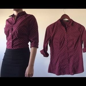 Womens CUTE Indie burgundy polka dot shirt blouse