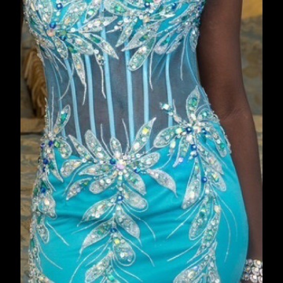 Jovani Turquoise Prom Dress With Train - Picture 2 of 3