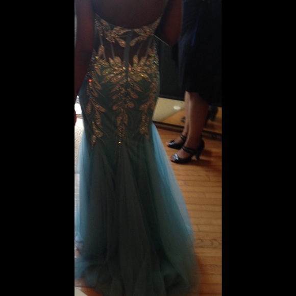 Jovani Turquoise Prom Dress With Train - Picture 3 of 3