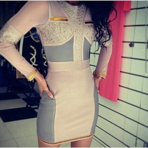 Gray embellished Long sleeve bandage dress New
