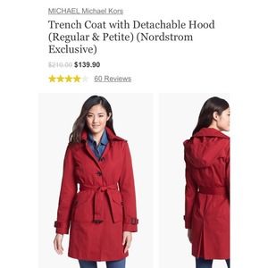 Michael Kors red, hooded rain trench coat.