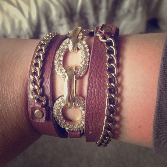 Accessories - Gold chain brown faux leather wrap bracelet