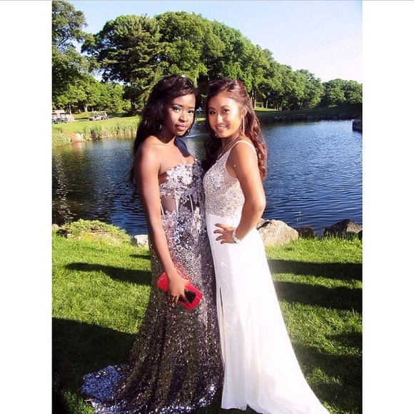 Gorgeous Silver Sequin Corset Prom Dress with Slit