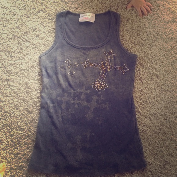 Grey jeweled cross tank top