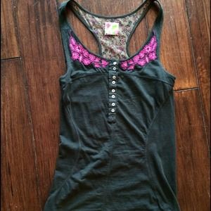 Free people hunter green tank with magenta crochet