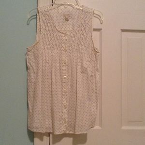 White button down w/ navy blue pocka dots