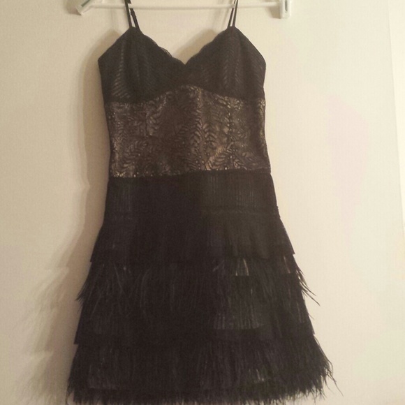 BCBG MAXAZRIA Black lace and feather dress.