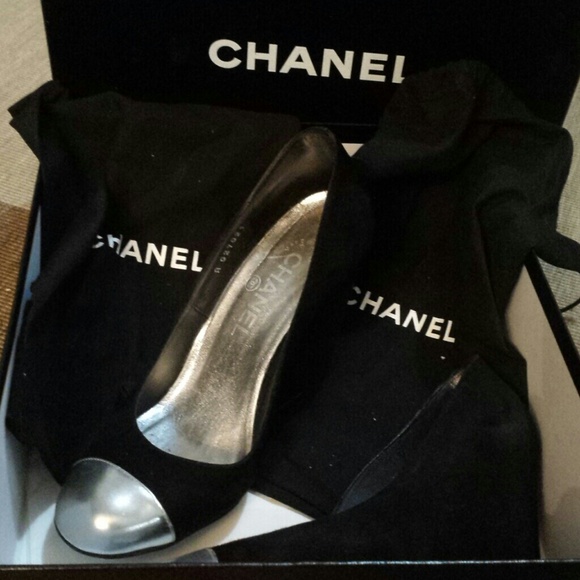 Chanel black suede wedges with silver front