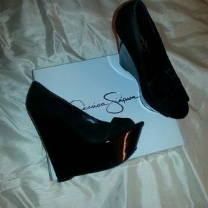Black suede and patent leather wedge platforms