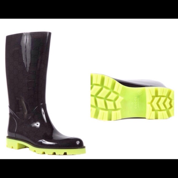Black Gucci Rainboots with neon green sole