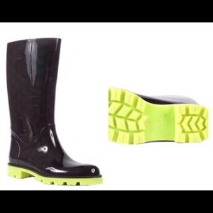 Black Gucci Rainboots with neon green sole