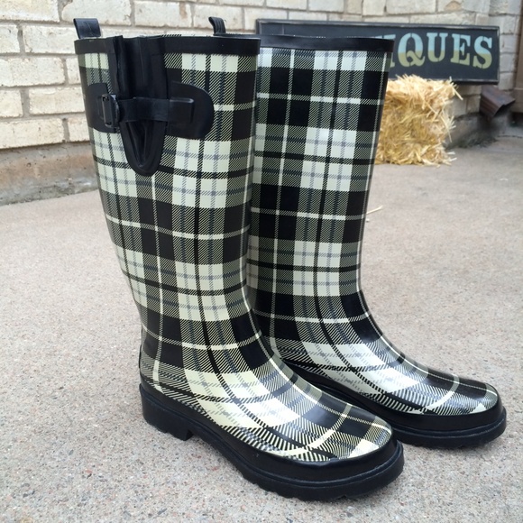 Plaid tall rain boots