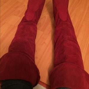 Red suede over the knee boots