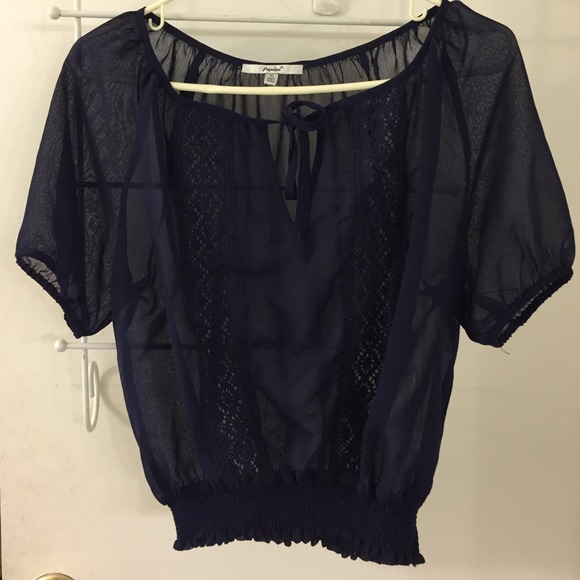 Sheer navy blue tee shirt with lace accent