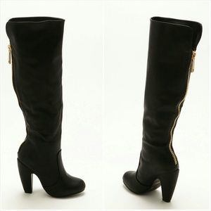 Black Over the Knee Leatherette Curved Heel Boots