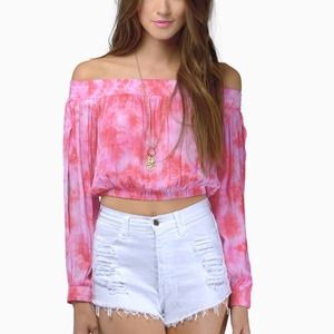Pink tie dye off the shoulder long sleeve crop top