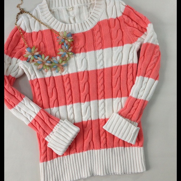 J. Crew Sweaters - J. Crew Coral Stripe Cable Knit Sweater