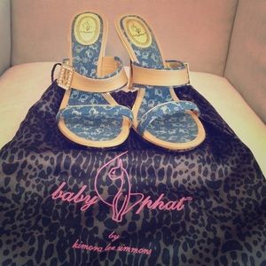 Baby Phat denim, tan, gold heals