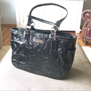 Coach black embossed tote with silver hardware