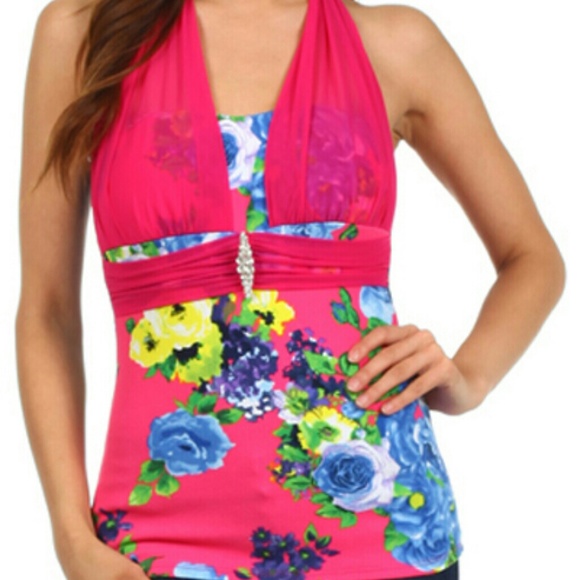 FLORAL PRINT HALTER MESH OVERLAY JEWEL TOP - Picture 1 of 4