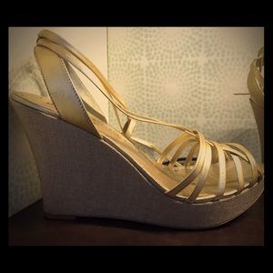 BCBGirls gold-toned, ankle-wrap platform wedges